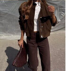 Brown bomber faux suede jacket zipper